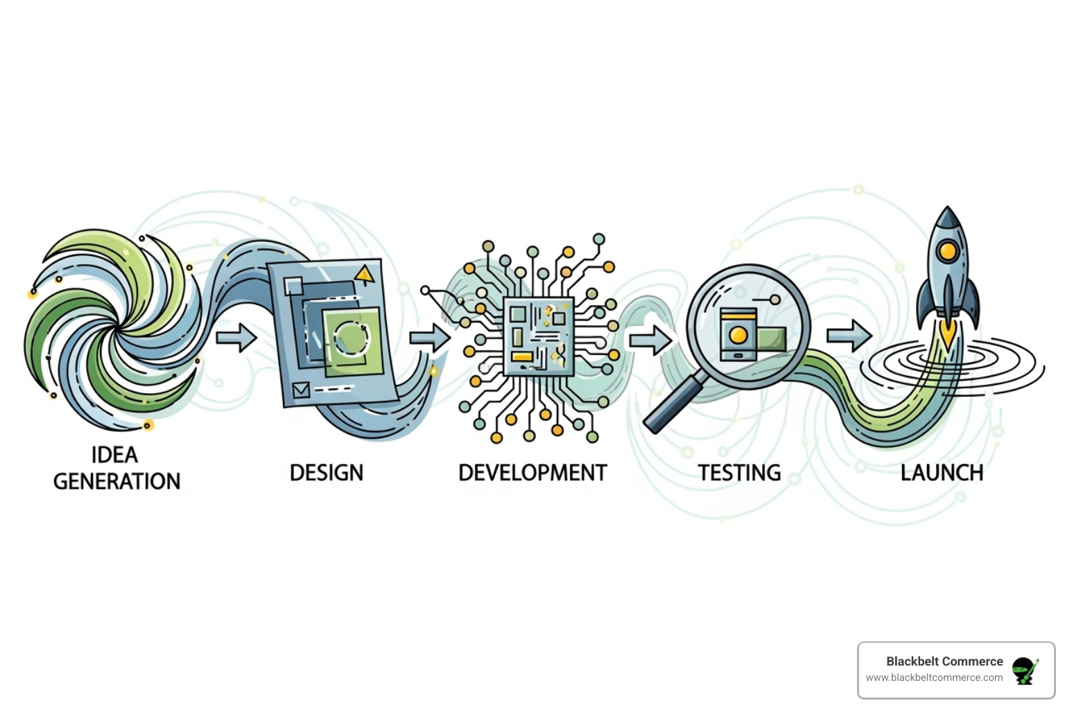 A five-stage flowchart illustrating the typical e-commerce web app development process: Findy & Strategy, UI/UX Design, Development & Integration, Testing & QA, and Launch & Support - ecommerce web app development services