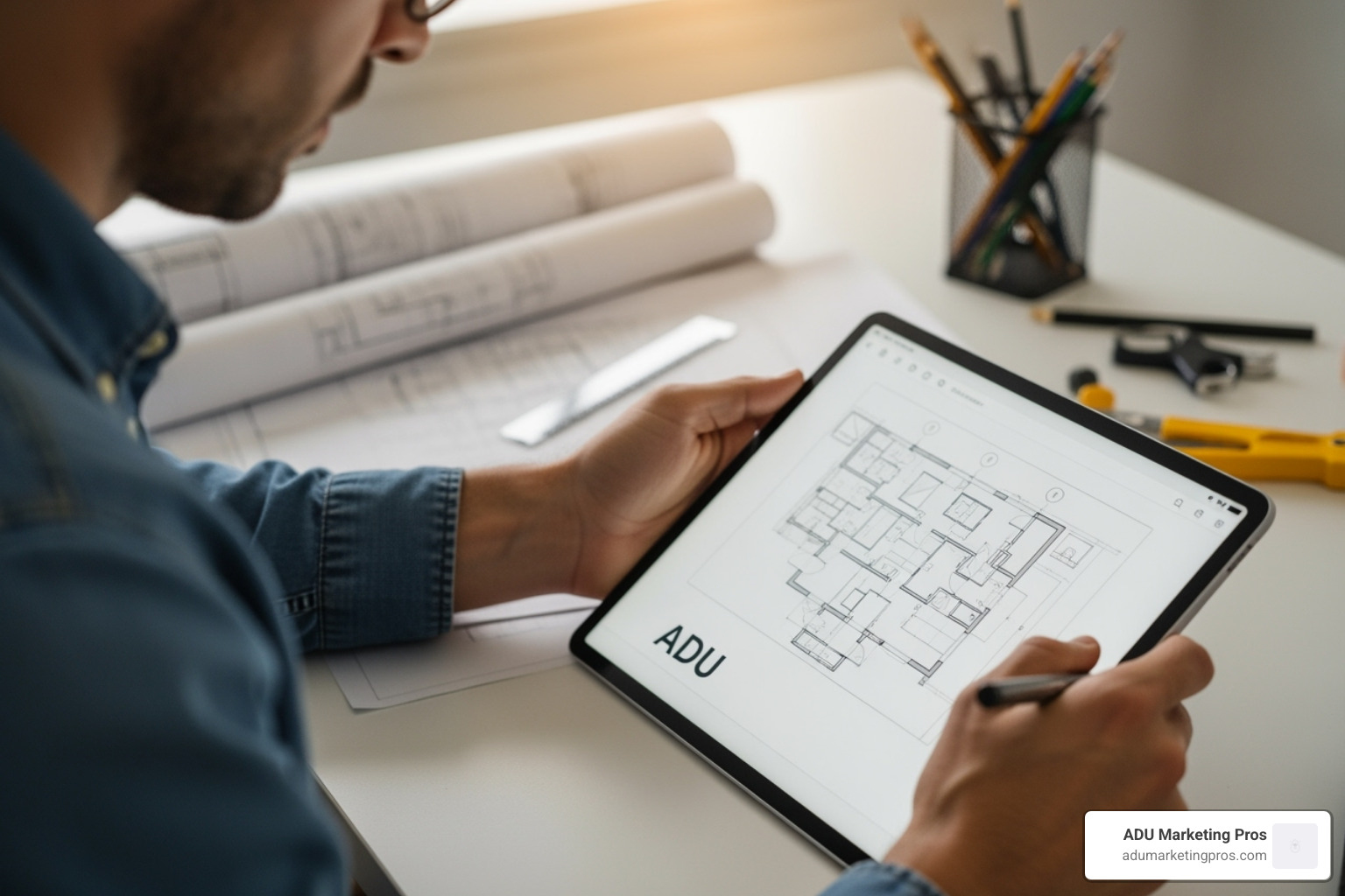 Architect reviewing blueprints for an ADU on a tablet - adu san jose cost Architect reviewing blueprints for an ADU on a tablet - adu san jose cost