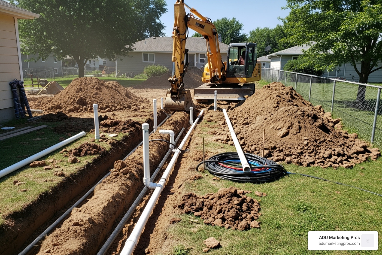 Construction site being prepared for an ADU, showing excavation and utility trenching - adu san jose cost Construction site being prepared for an ADU, showing excavation and utility trenching - adu san jose cost