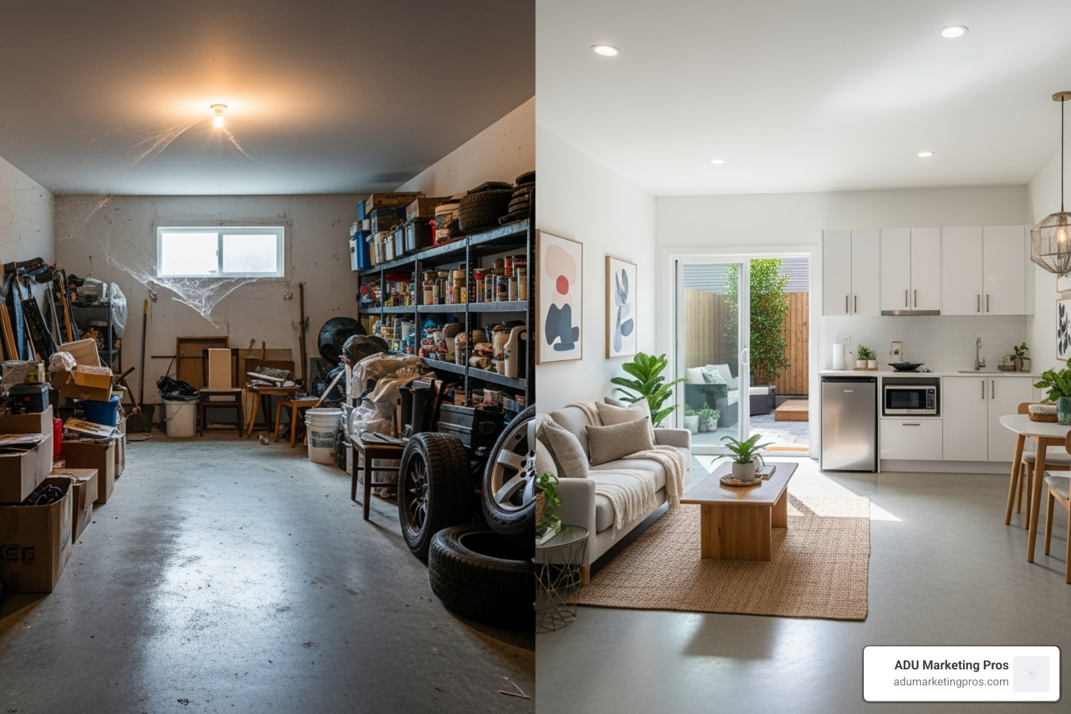 Side-by-side comparison of a cluttered garage and the same space transformed into a bright, modern ADU living area - adu san jose cost Side-by-side comparison of a cluttered garage and the same space transformed into a bright, modern ADU living area - adu san jose cost