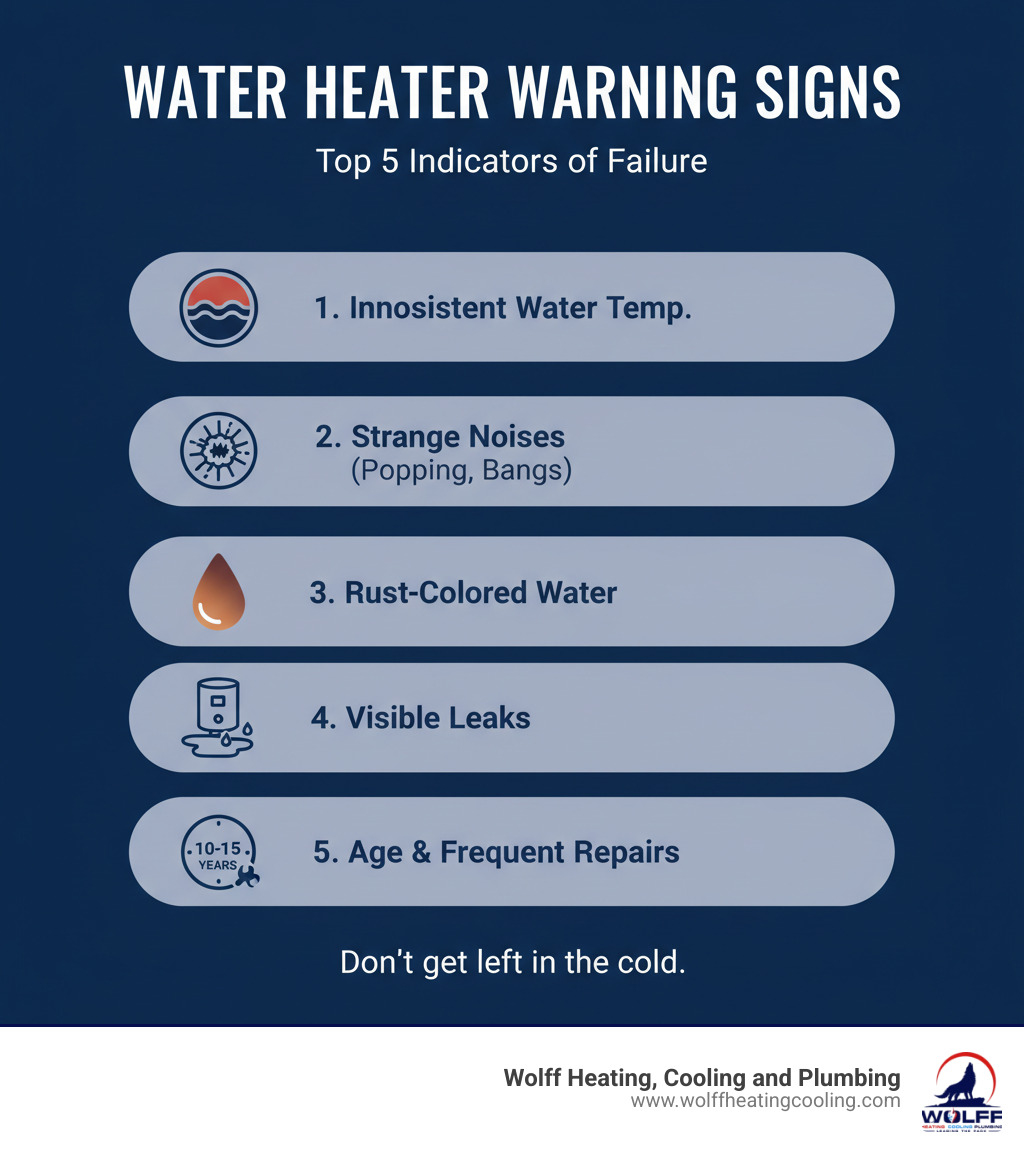 Infographic showing the top 5 signs your water heater is failing: inconsistent water temperature, strange popping or banging noises, rust-colored or discolored water, visible leaks or pooled water around the unit, and age over 10-15 years with frequent repair needs - hot water heater repair albuquerque infographic 