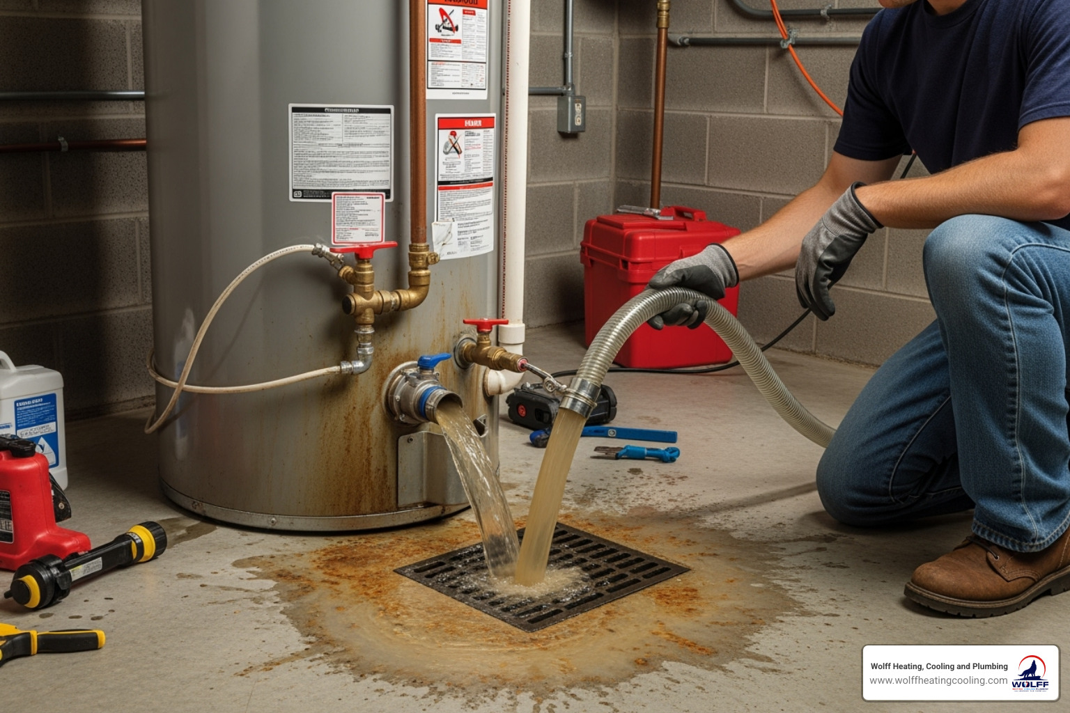sediment being flushed from a water heater tank - hot water heater repair albuquerque