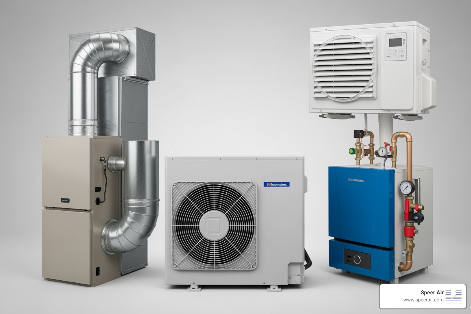 An image showcasing various HVAC system types, including a central air conditioner, a furnace, a boiler, and a ductless mini-split unit - hvac replacement company rockaway