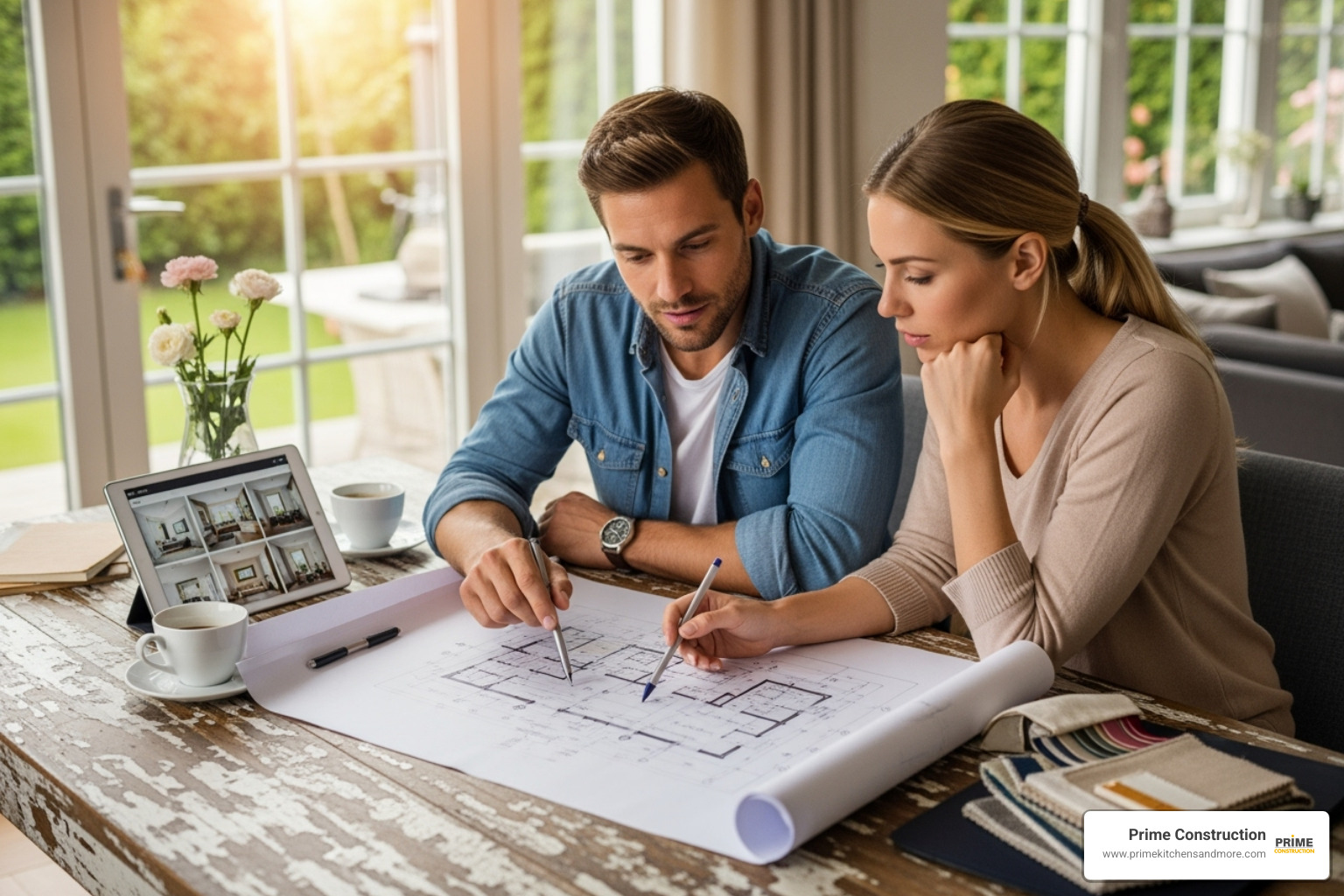 couple discussing plans over a blueprint - bathroom remodel with financing
