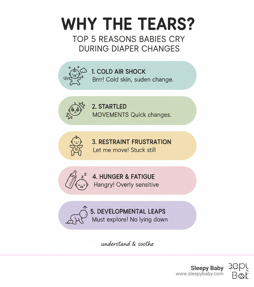 Infographic showing the top 5 reasons babies cry during diaper changes: cold air shocking their skin, startled by sudden movements, frustration at being restrained, hunger or fatigue making them sensitive, and developmental milestones creating resistance to lying still - baby cries during diaper change infographic Infographic showing the top 5 reasons babies cry during diaper changes: cold air shocking their skin, startled by sudden movements, frustration at being restrained, hunger or fatigue making them sensitive, and developmental milestones creating resistance to lying still - baby cries during diaper change infographic