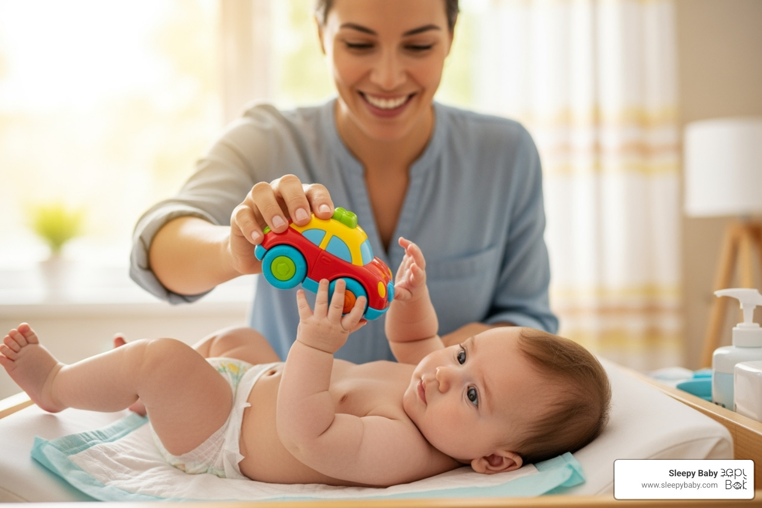Parent smiling and distracting baby with a colorful toy during diaper change - baby cries during diaper change Parent smiling and distracting baby with a colorful toy during diaper change - baby cries during diaper change