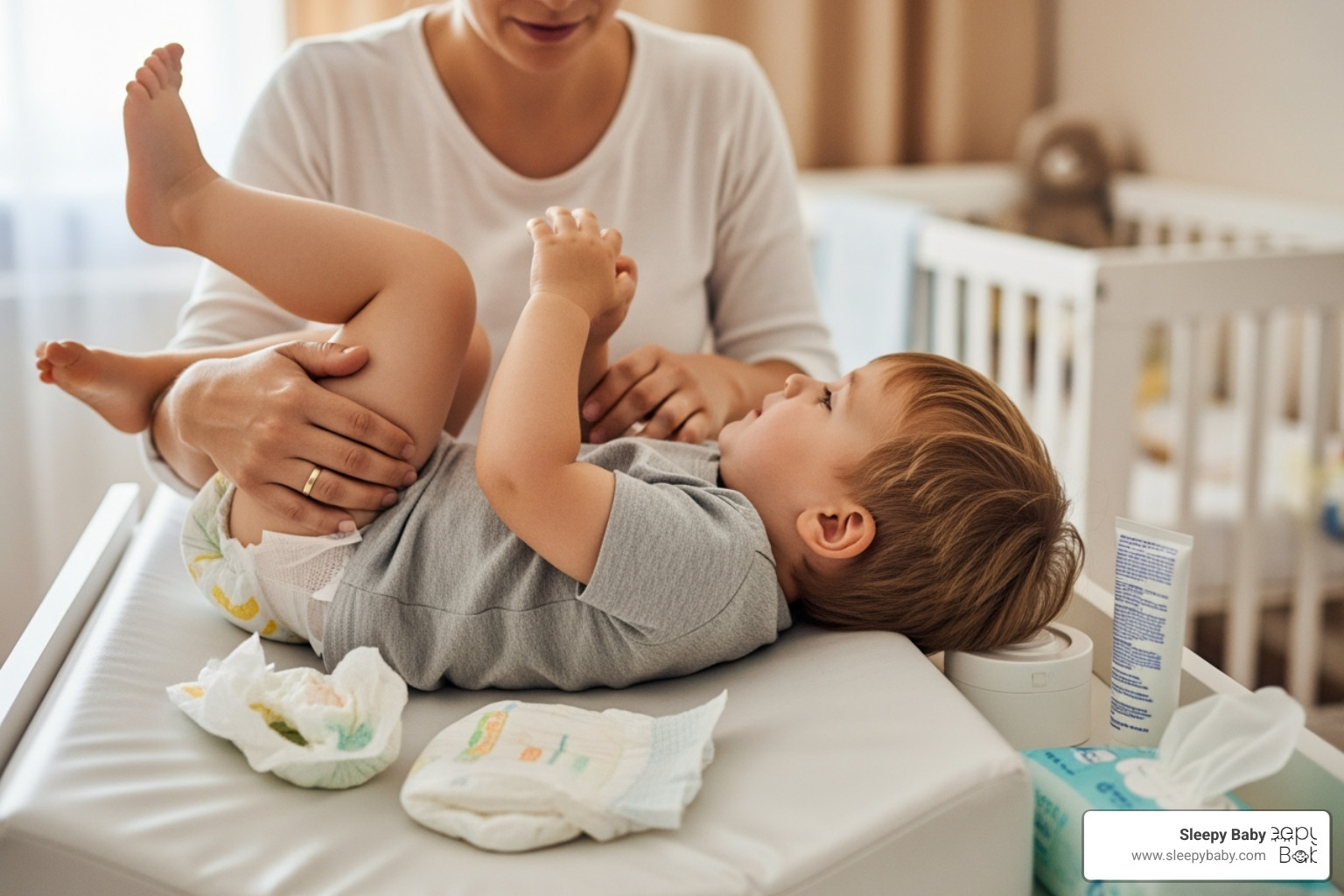Toddler trying to roll over during diaper change, illustrating developmental milestone challenges - baby cries during diaper change Toddler trying to roll over during diaper change, illustrating developmental milestone challenges - baby cries during diaper change