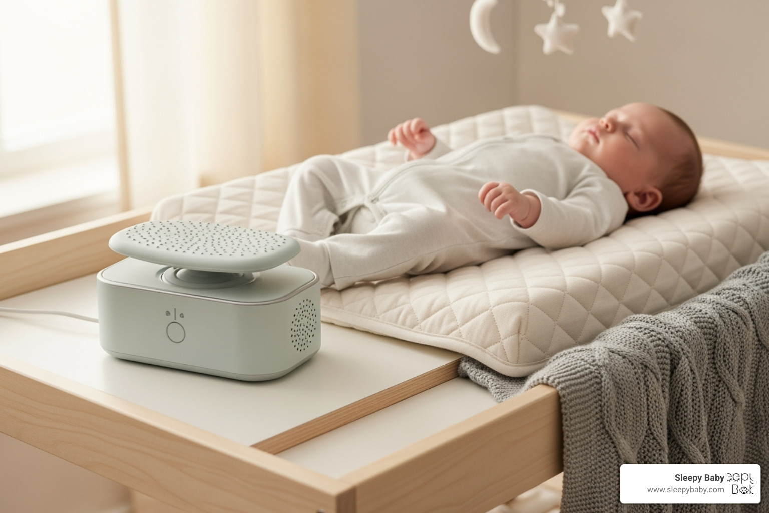 Portable Sleepy Baby sleep aid placed near a changing station to provide rhythmic patting and white noise - baby cries during diaper change Portable Sleepy Baby sleep aid placed near a changing station to provide rhythmic patting and white noise - baby cries during diaper change