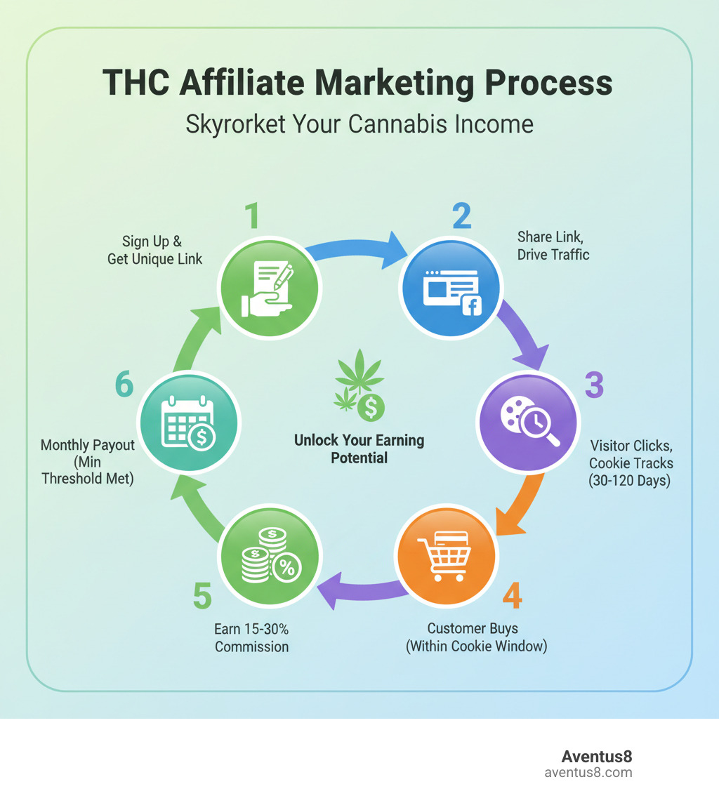 Detailed infographic showing the THC affiliate marketing process: Step 1 - Sign up for affiliate program and get unique tracking link, Step 2 - Share link through website/social media to drive traffic, Step 3 - Visitor clicks link and cookie tracks them for 30-120 days, Step 4 - Customer makes purchase within cookie window, Step 5 - Affiliate earns 15-30% commission, Step 6 - Monthly payout once minimum threshold is met - THC affiliate program infographic  Detailed infographic showing the THC affiliate marketing process: Step 1 - Sign up for affiliate program and get unique tracking link, Step 2 - Share link through website/social media to drive traffic, Step 3 - Visitor clicks link and cookie tracks them for 30-120 days, Step 4 - Customer makes purchase within cookie window, Step 5 - Affiliate earns 15-30% commission, Step 6 - Monthly payout once minimum threshold is met - THC affiliate program infographic