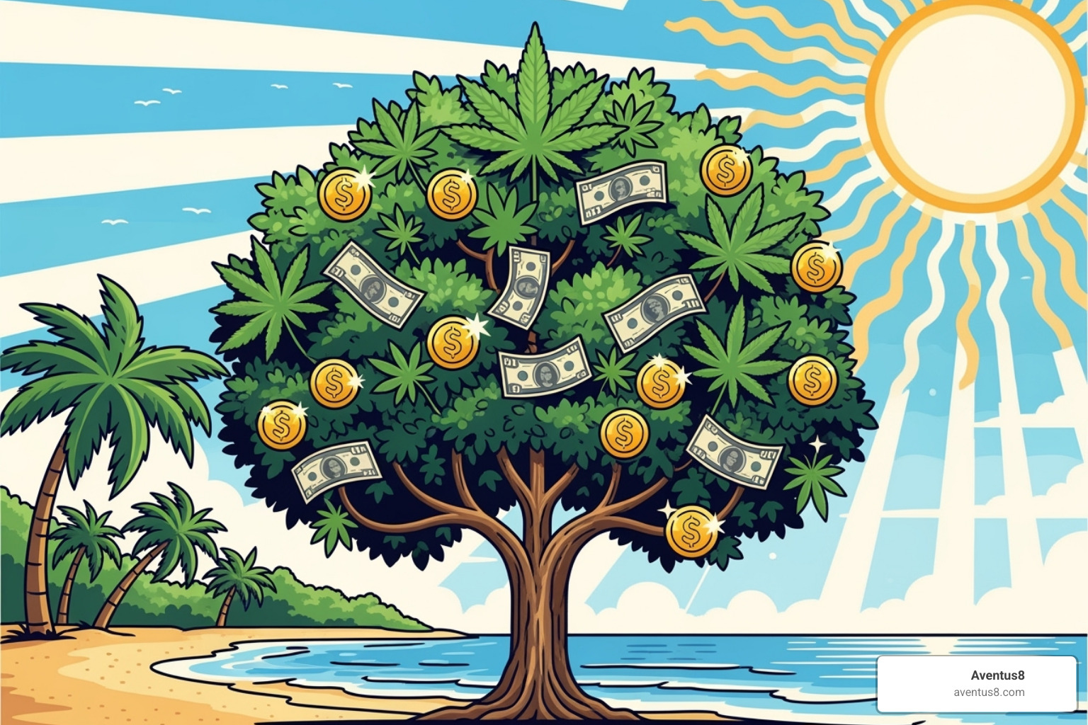 A stylized graphic showing a money tree with cannabis leaves growing in the Florida sun - THC affiliate program A stylized graphic showing a money tree with cannabis leaves growing in the Florida sun - THC affiliate program