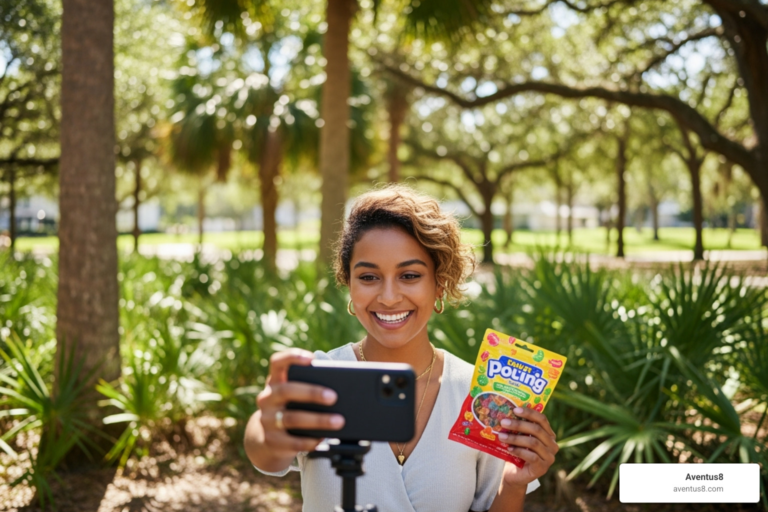 A Florida-based influencer creating a video review of THC gummies at a local park in Hollywood - THC affiliate program A Florida-based influencer creating a video review of THC gummies at a local park in Hollywood - THC affiliate program