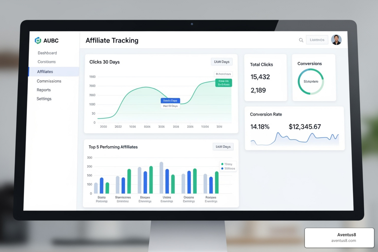 A computer screen showing a clean and modern affiliate tracking dashboard - THC affiliate program A computer screen showing a clean and modern affiliate tracking dashboard - THC affiliate program