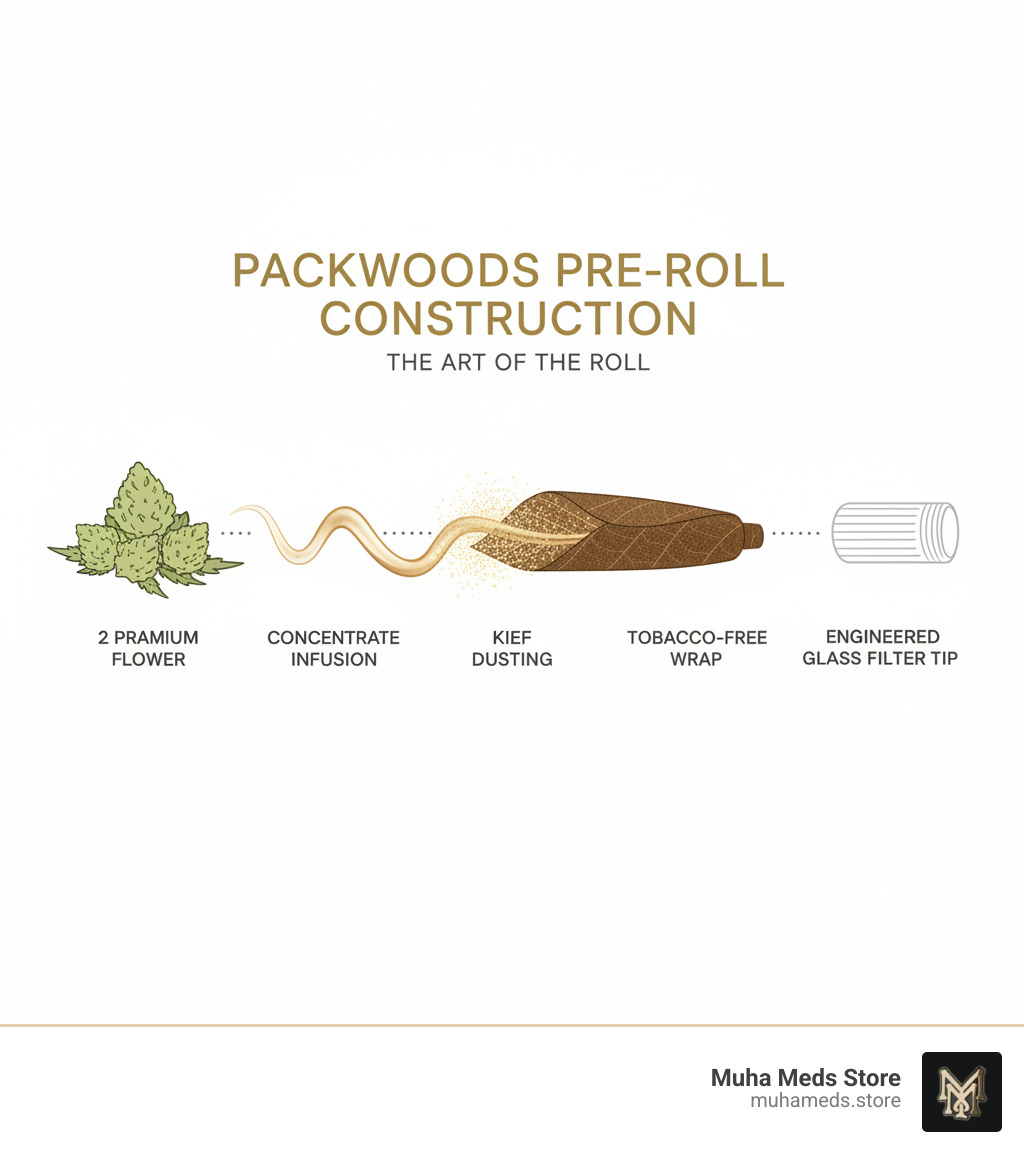 Detailed breakdown of Packwood Pre-Roll construction showing 2 grams premium flower, concentrate infusion, kief dusting, tobacco-free wrap, and engineered glass filter tip - Buy Packwood Pre-Roll – Cloud 9 infographic 