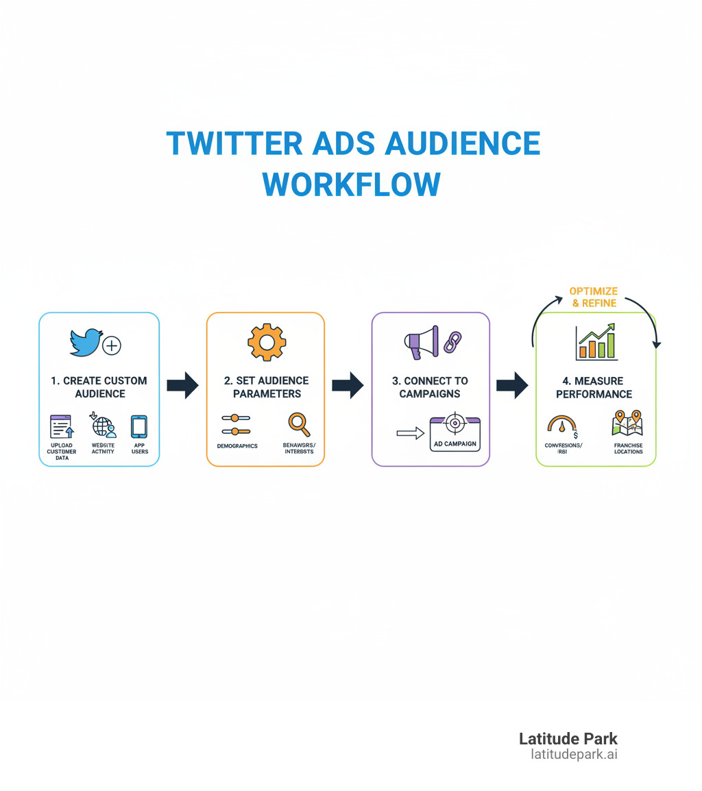Infographic showing the complete workflow from creating a custom audience in Twitter Ads Audience Manager through uploading customer data, setting audience parameters, connecting to campaigns, and measuring targeting performance across franchise locations - twitter ads audience manager infographic 