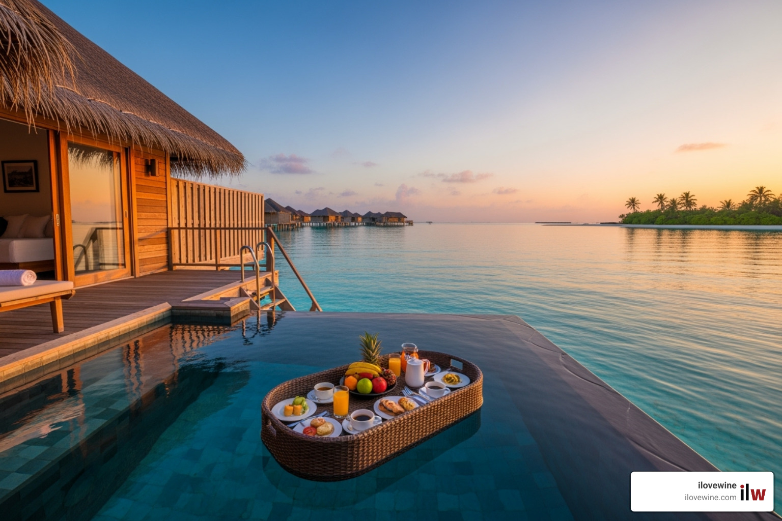 A luxurious overwater bungalow in the Maldives with a floating breakfast served in the private pool - Luxury summer trips A luxurious overwater bungalow in the Maldives with a floating breakfast served in the private pool - Luxury summer trips