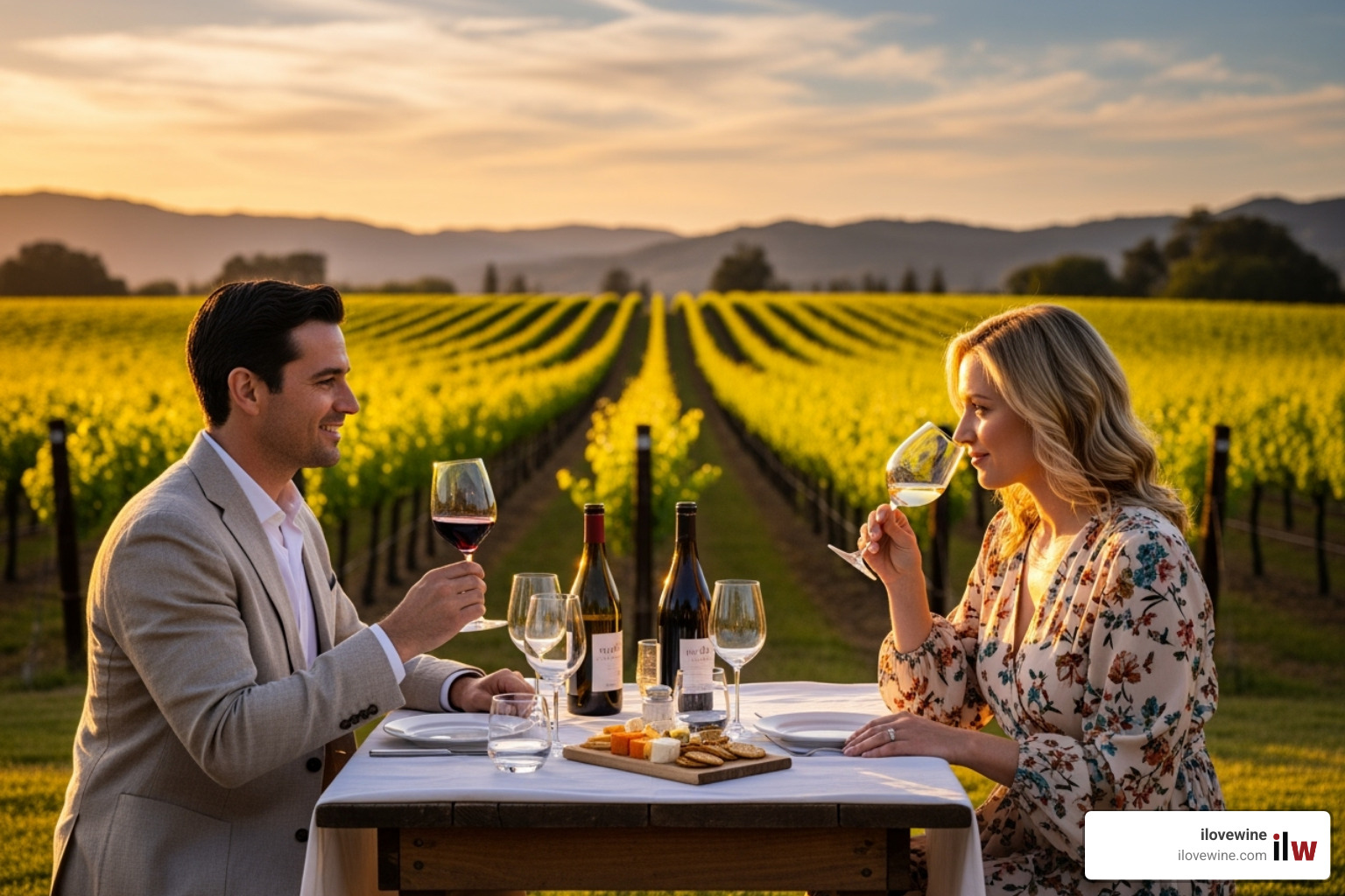 A couple enjoying a premium wine tasting at a scenic Napa Valley vineyard, overlooking rows of vines - Luxury summer trips A couple enjoying a premium wine tasting at a scenic Napa Valley vineyard, overlooking rows of vines - Luxury summer trips