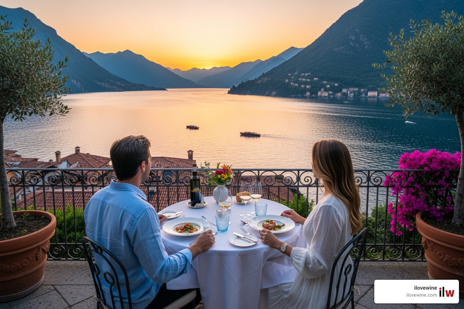 A couple dining on a private terrace overlooking the stunning waters of Lake Como at sunset - Luxury summer trips A couple dining on a private terrace overlooking the stunning waters of Lake Como at sunset - Luxury summer trips