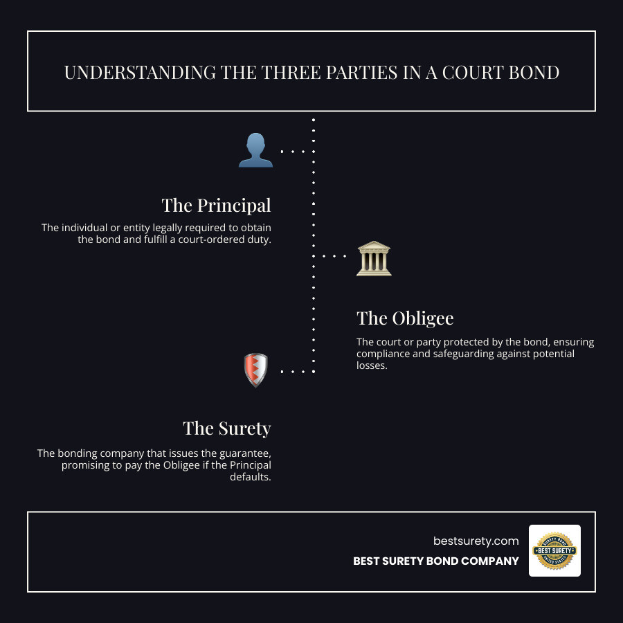 Infographic showing the three parties in a court bond: Principal (the person required to get the bond), Obligee (the court requiring the bond), and Surety (the company issuing the bond), with arrows showing the flow of obligations and guarantees between each party - court bond online infographic infographic-line-3-steps-dark Infographic showing the three parties in a court bond: Principal (the person required to get the bond), Obligee (the court requiring the bond), and Surety (the company issuing the bond), with arrows showing the flow of obligations and guarantees between each party - court bond online infographic infographic-line-3-steps-dark