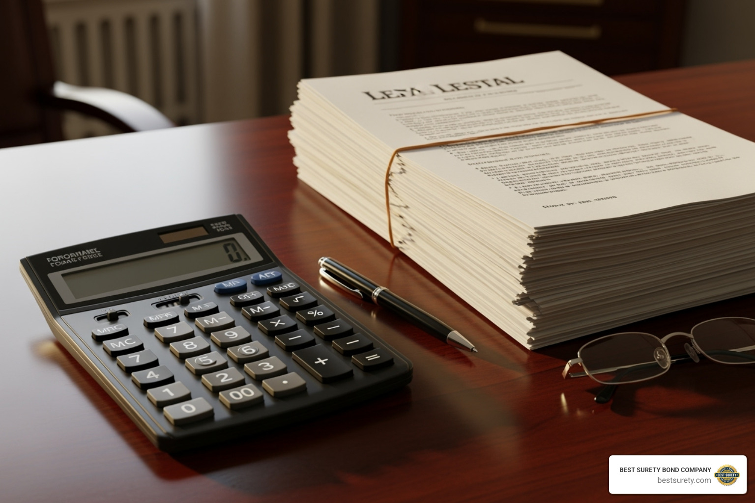 A calculator next to a stack of legal papers, symbolizing the calculation of bond costs and legal documentation - court bond online A calculator next to a stack of legal papers, symbolizing the calculation of bond costs and legal documentation - court bond online