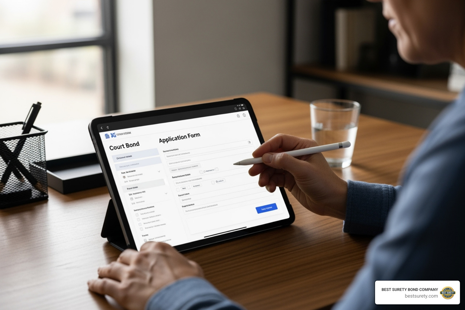 A person filling out an online application form for a court bond on a tablet - court bond online A person filling out an online application form for a court bond on a tablet - court bond online