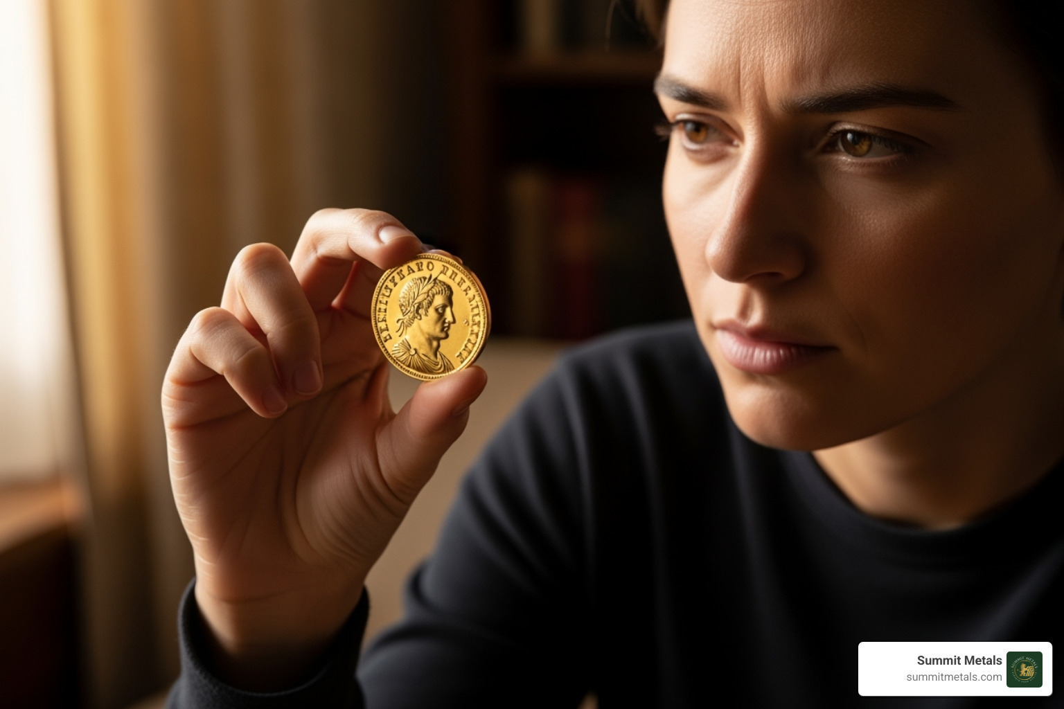 Person looking thoughtfully at a gold coin - Precious metals retirement