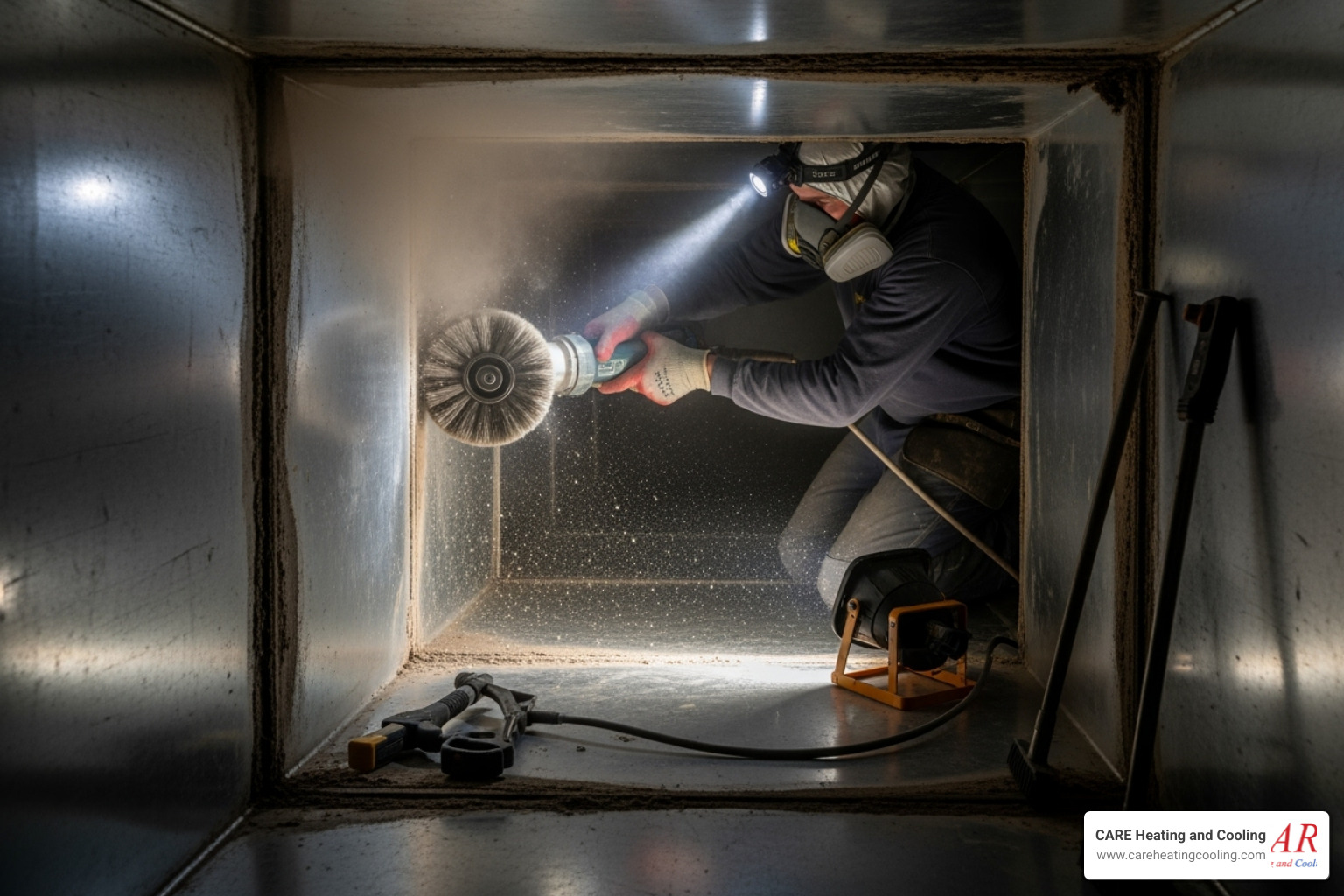 a technician using a rotary brush inside a duct. - hvac cleaning service westerville a technician using a rotary brush inside a duct. - hvac cleaning service westerville