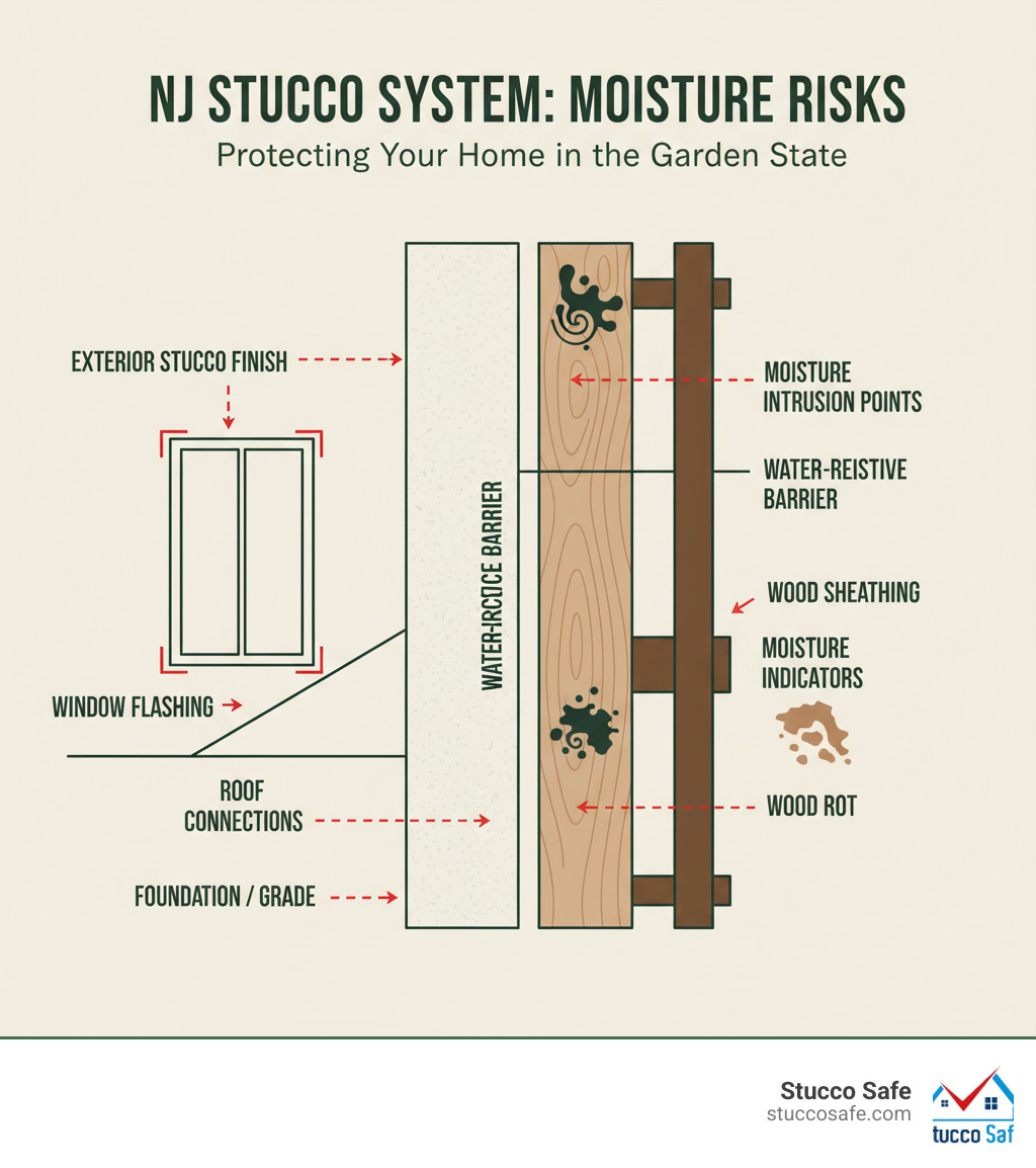 Detailed infographic showing cross-section of stucco system layers including exterior stucco finish, water-resistive barrier, wood sheathing, and framing, with arrows indicating common moisture intrusion points at windows, roof connections, and ground level, plus moisture damage indicators like wood rot and mold growth - home stucco inspection NJ infographic Detailed infographic showing cross-section of stucco system layers including exterior stucco finish, water-resistive barrier, wood sheathing, and framing, with arrows indicating common moisture intrusion points at windows, roof connections, and ground level, plus moisture damage indicators like wood rot and mold growth - home stucco inspection NJ infographic