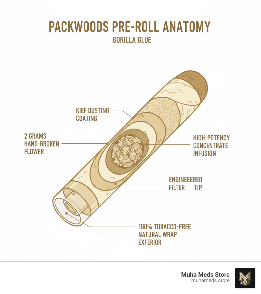 Infographic showing Packwood pre-roll anatomy with labeled components: 2 grams hand-broken premium flower at the core, high-potency concentrate infusion layer, kief dusting coating, 100% tobacco-free natural wrap exterior, and engineered glass filter tip - Packwood Pre-Roll – Gorilla Glue infographic 