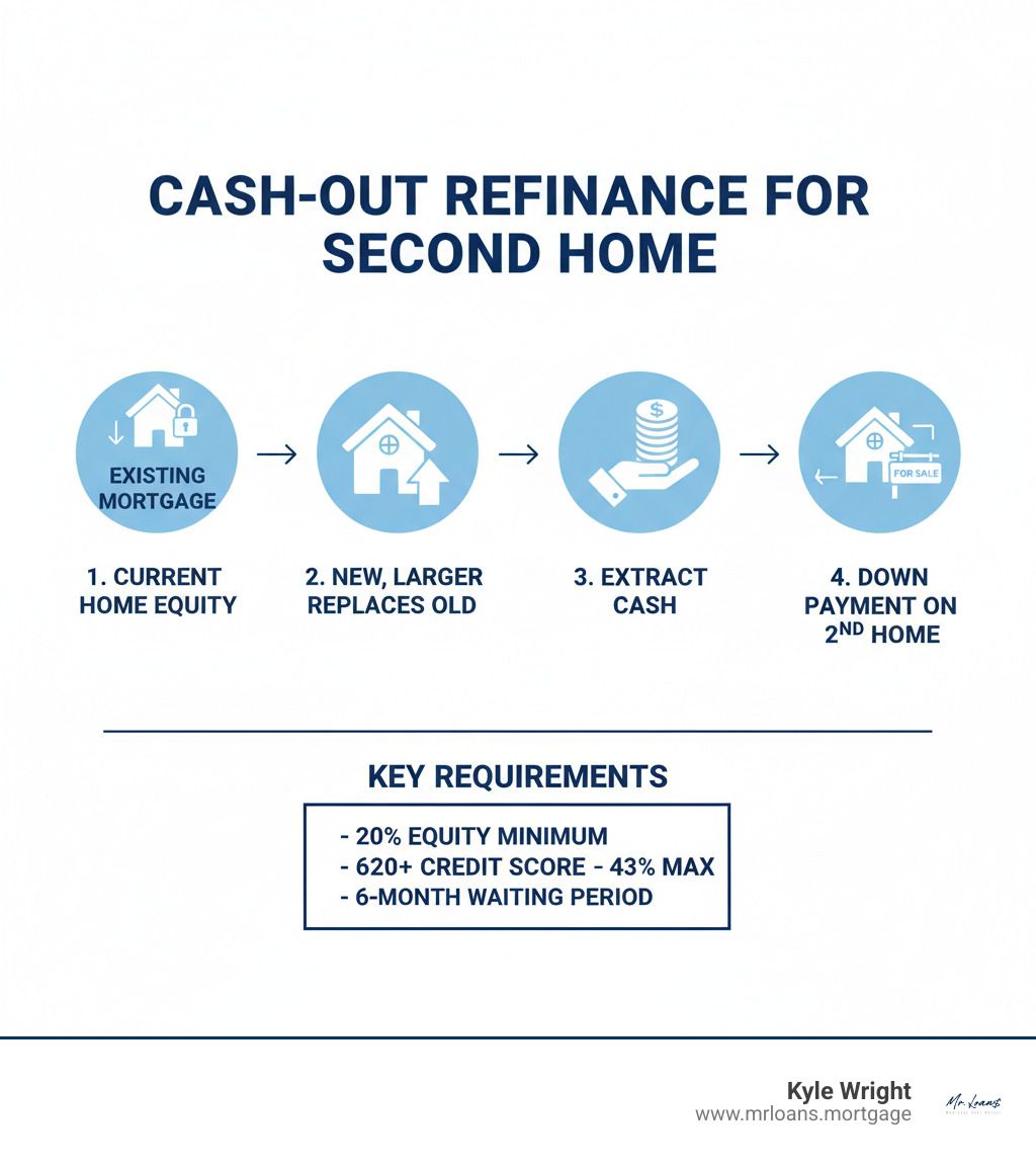 Infographic showing the cash-out refinance process for second home purchase
