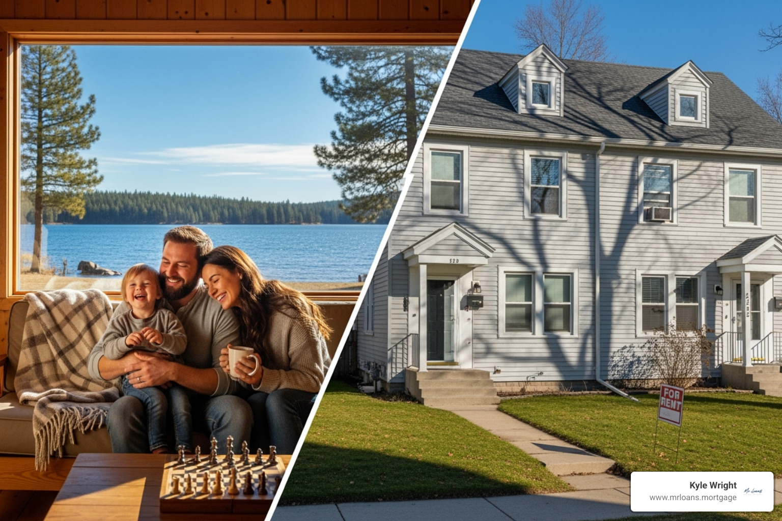 A family enjoying a lake cabin versus a "For Rent" sign on a duplex - cash out refi to buy second home