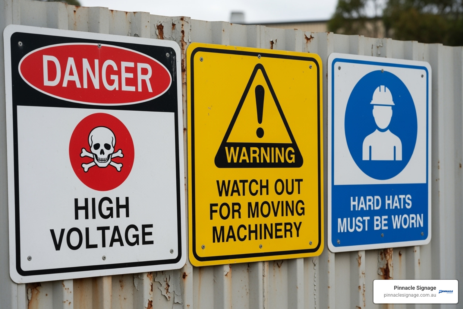 A side by side comparison of a red Danger sign with the word 'DANGER' and a skull pictogram, a yellow Warning sign with a black exclamation mark triangle, and a blue Mandatory sign with a white hardhat pictogram, all compliant with AS 1319 - Safety signage requirements A side by side comparison of a red Danger sign with the word 'DANGER' and a skull pictogram, a yellow Warning sign with a black exclamation mark triangle, and a blue Mandatory sign with a white hardhat pictogram, all compliant with AS 1319 - Safety signage requirements