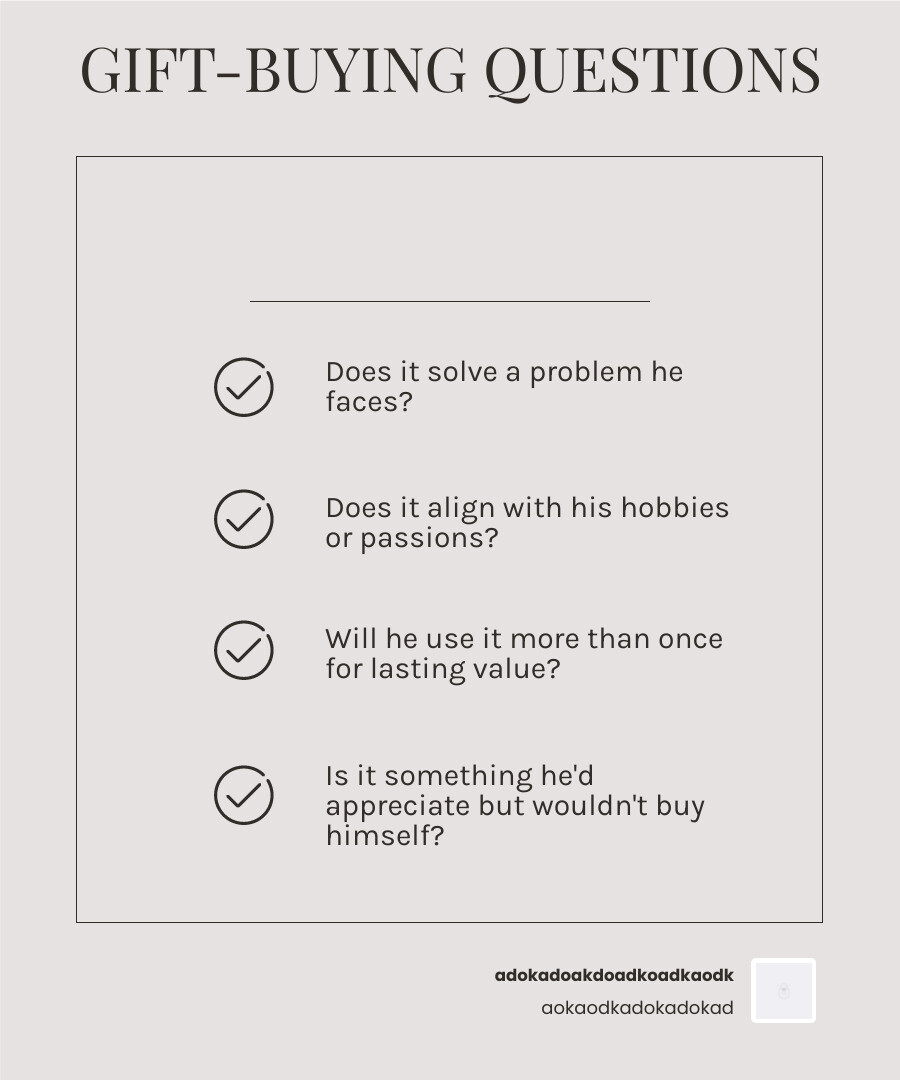 Questions to ask before buying a gift - unique gifts for guys infographic checklist-light-beige