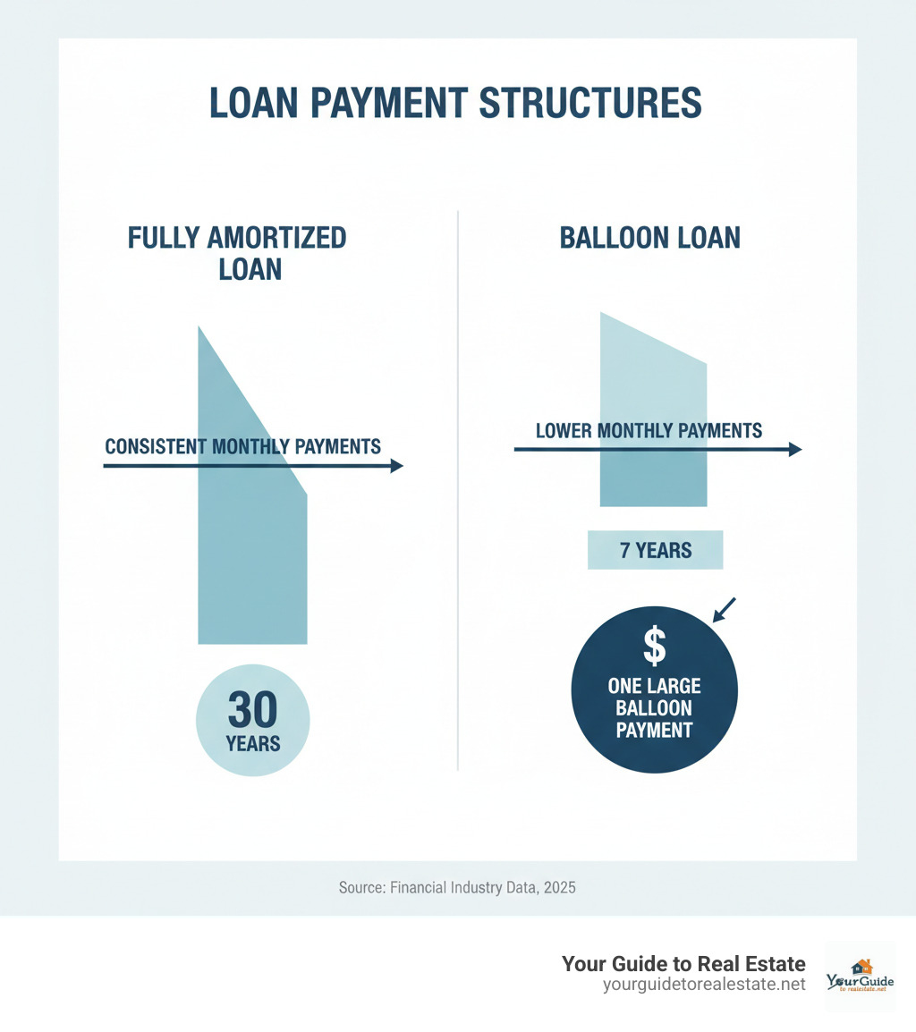 Infographic comparing fully amortized loan payment structure with consistent monthly payments over 30 years versus balloon loan payment structure showing lower monthly payments for 7 years followed by one large balloon payment - amortization calculator with balloon payment infographic 