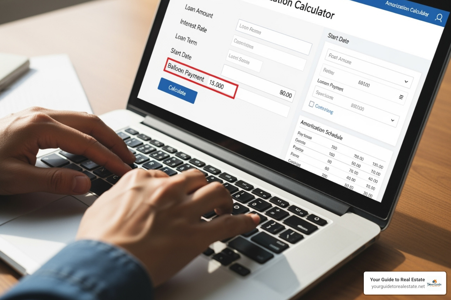 User inputting data into an online amortization calculator with balloon payment fields highlighted - amortization calculator with balloon payment