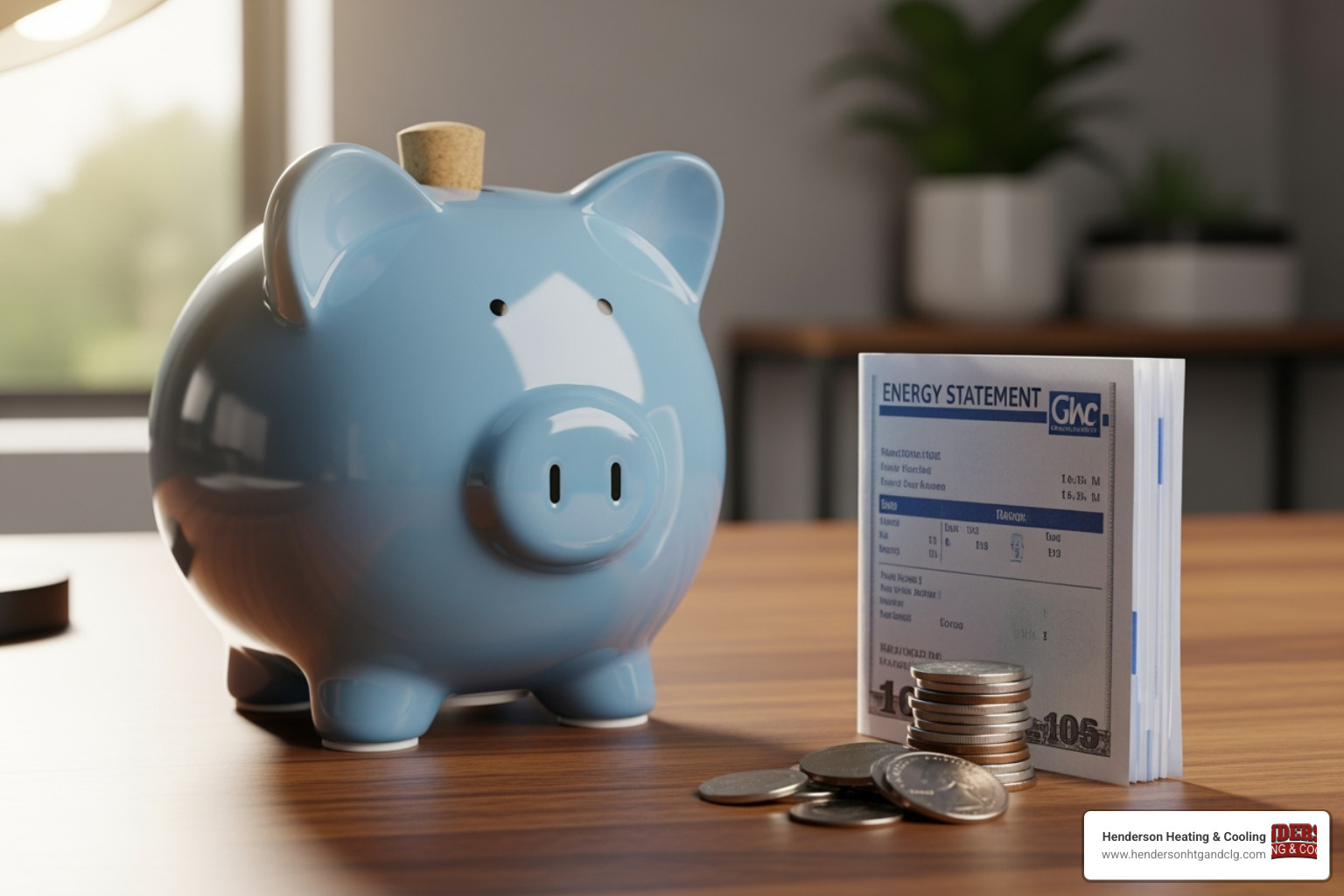 A piggy bank next to an energy bill, symbolizing savings achieved through efficient HVAC operation - priority maintenance plan lebanon mo