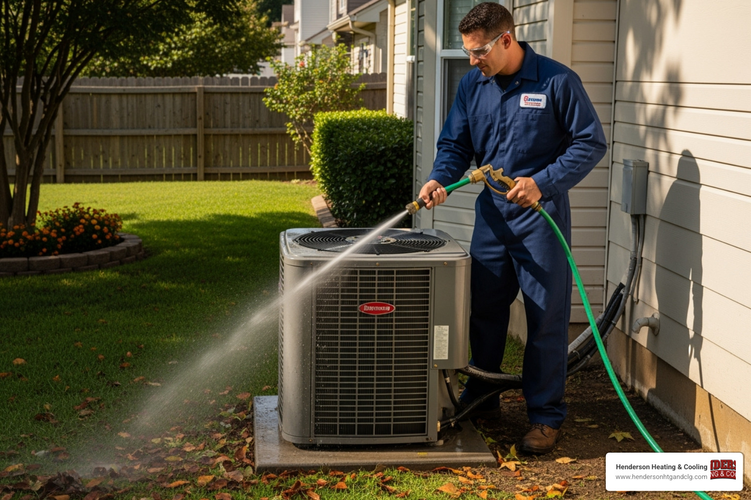 Technician cleaning an outdoor condenser unit - pre‑summer hvac tune up lebanon mo
