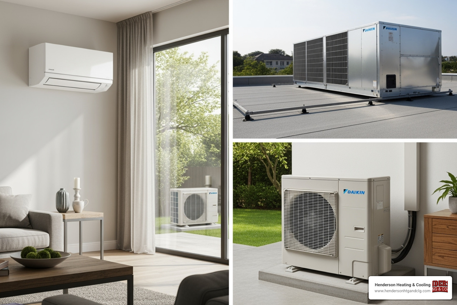 Different Daikin AC units, including a ductless head, a central air unit, and a packaged unit - daikin ac installation lebanon mo