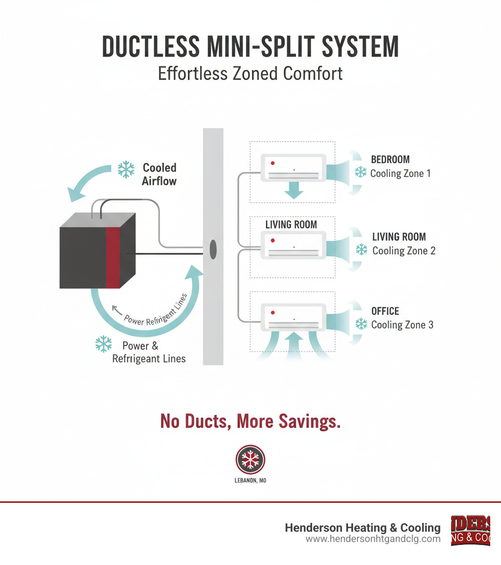 Infographic showing ductless mini-split system components: outdoor compressor unit connected via refrigerant lines and electrical cables through a small wall penetration to multiple indoor air handling units mounted in different rooms, with arrows indicating airflow and temperature control zones - ductless ac installation lebanon mo infographic 