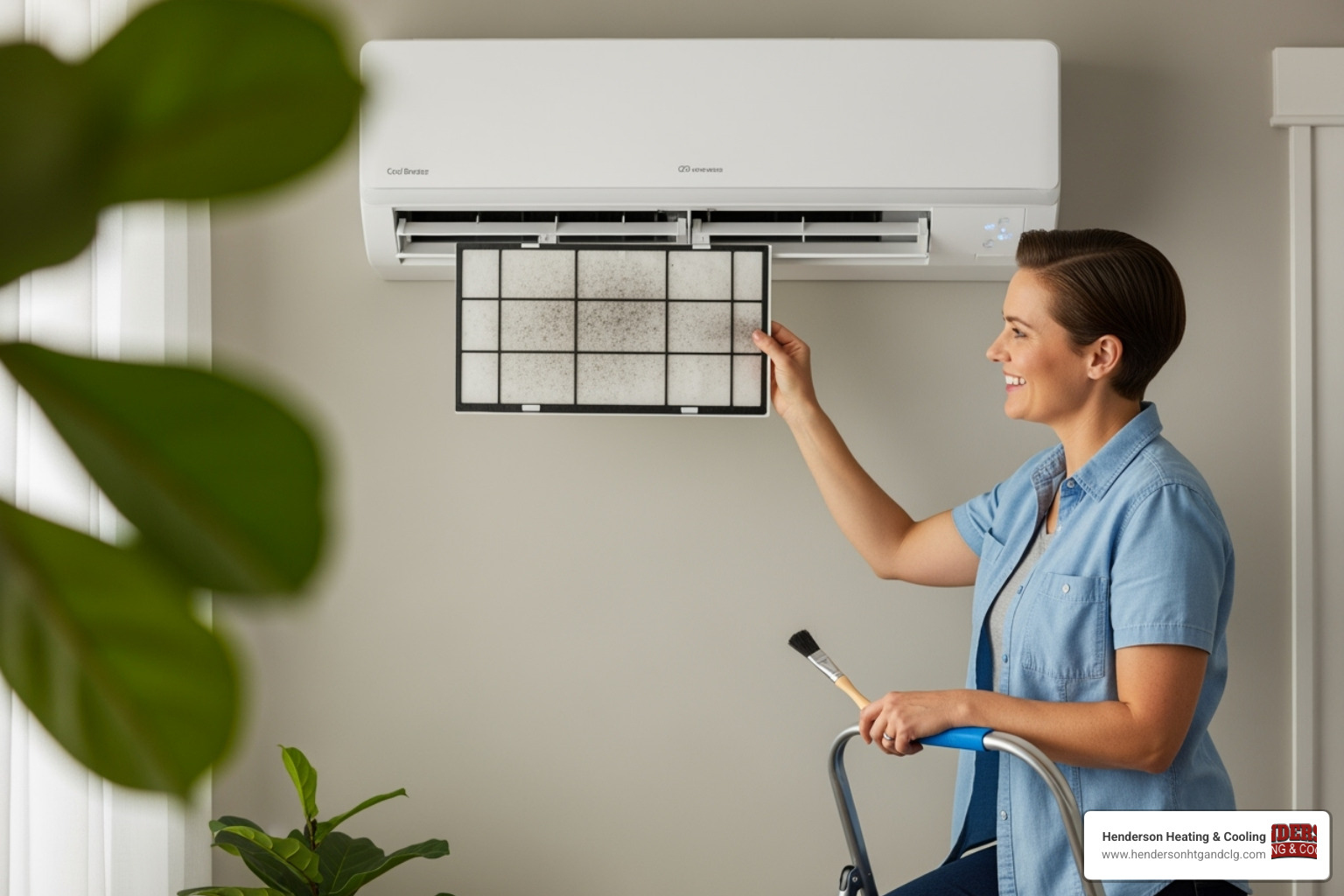 A homeowner easily removing and cleaning the reusable filter from the top of an indoor ductless mini-split unit, demonstrating simple maintenance. - ductless ac installation lebanon mo