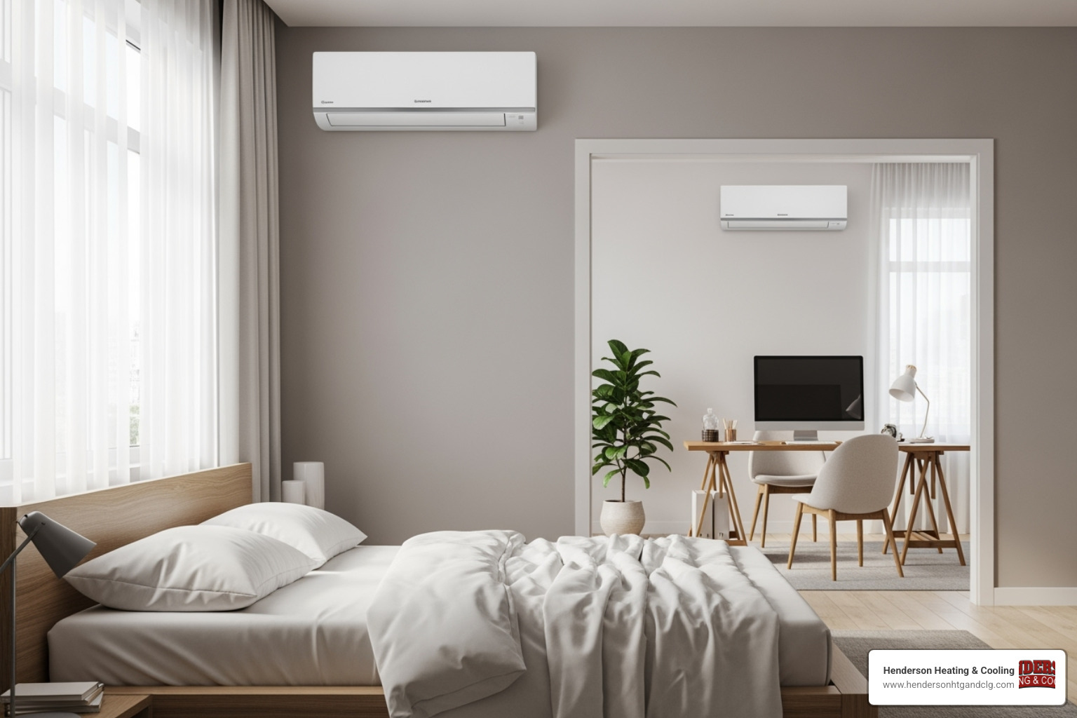 A multi-zone ductless system with a sleek indoor unit mounted on the wall of a modern bedroom, and another similar unit in a bright home office, both providing localized cooling. - ductless ac installation lebanon mo