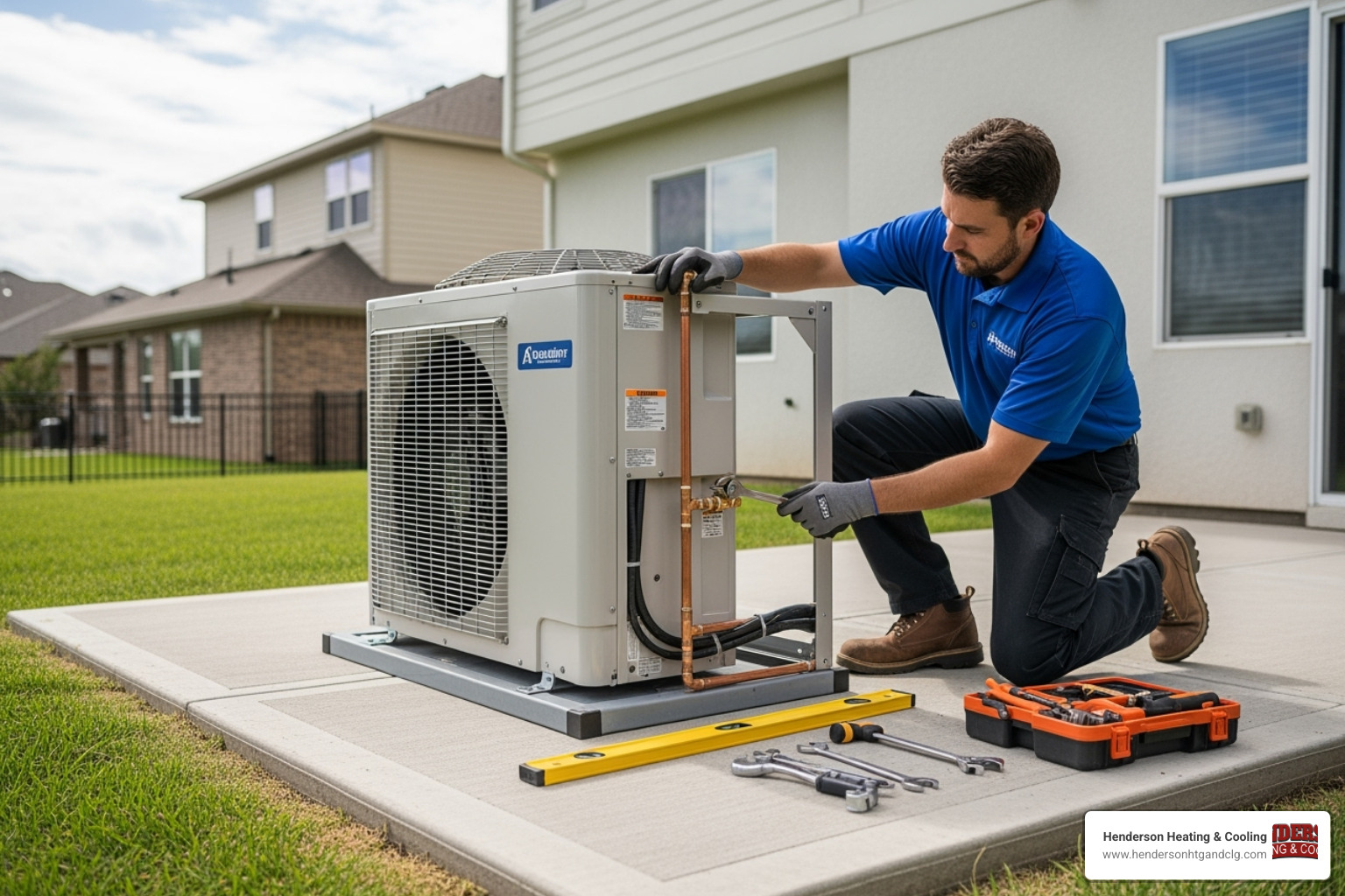 A skilled technician in work attire carefully installing an outdoor condenser unit for a ductless AC system on a sturdy concrete pad outside a residential home, ensuring proper leveling and connections. - ductless ac installation lebanon mo