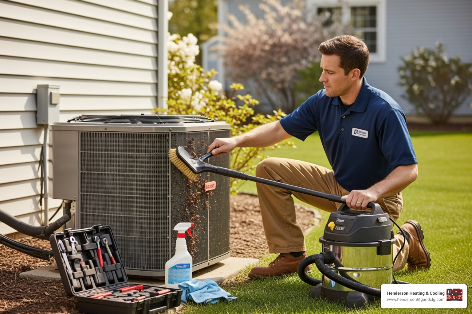 of a technician cleaning an outdoor AC unit - ac unit maintenance lebanon mo