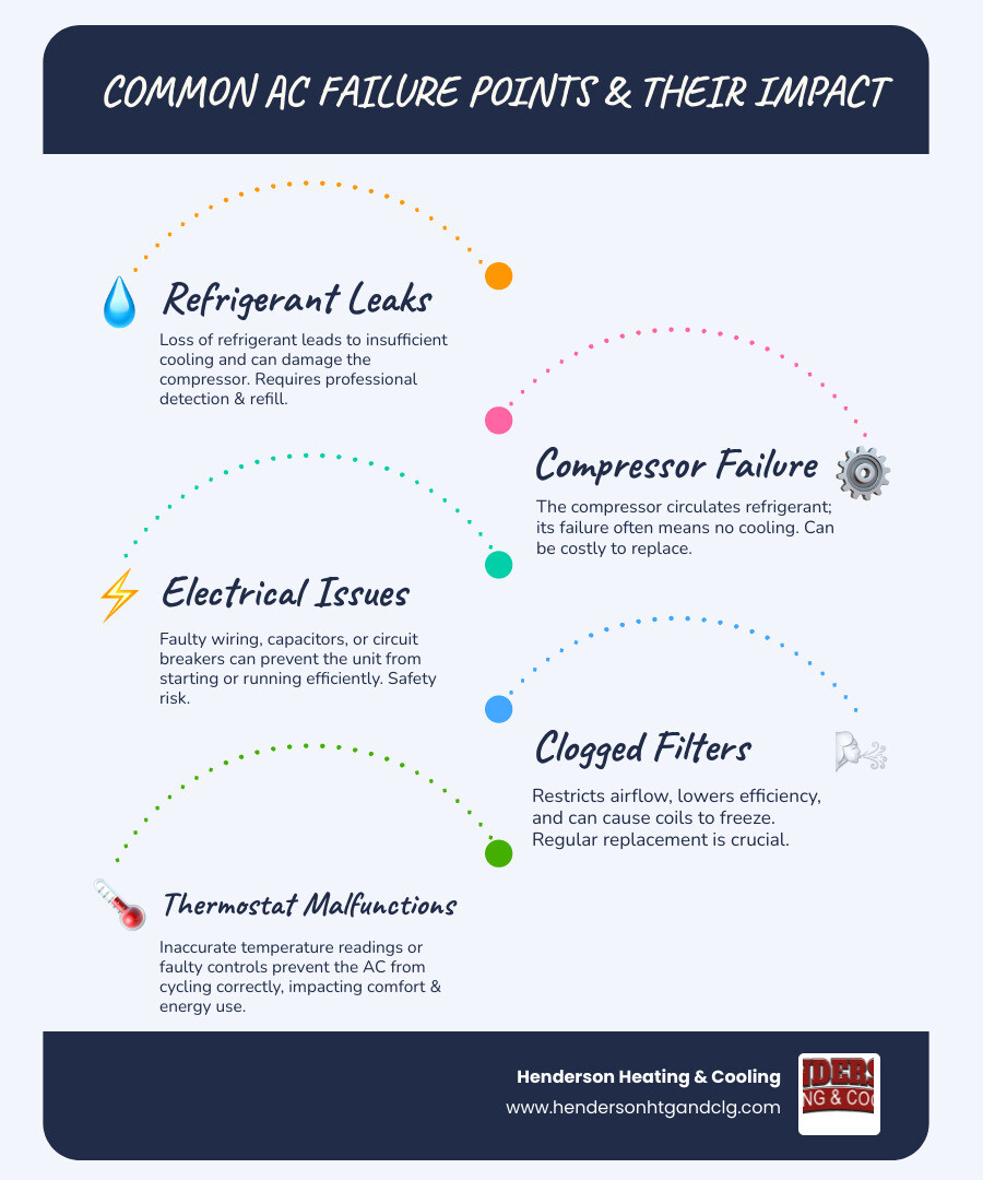 Common AC failure points including refrigerant leaks, compressor problems, electrical issues, clogged filters, and thermostat malfunctions with typical repair timeframes - ac repair lebanon mo infographic infographic-line-5-steps-blues-accent_colors