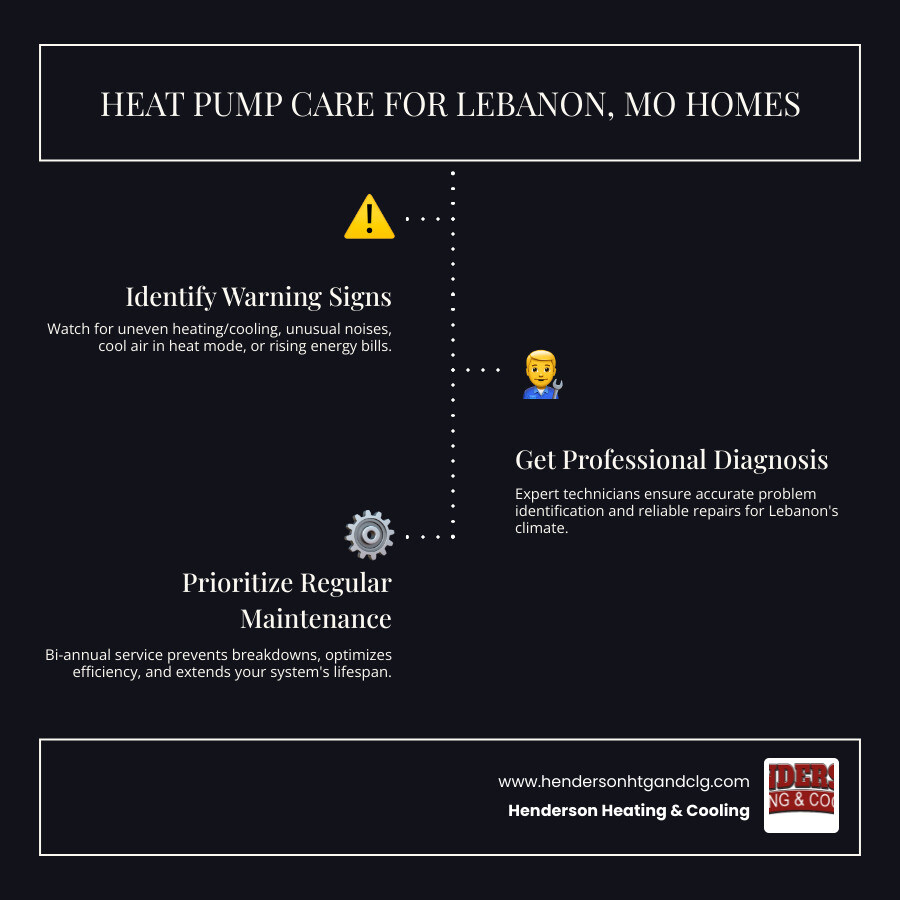 Infographic detailing common heat pump issues, the importance of professional diagnosis, and the benefits of regular maintenance for optimal performance in Lebanon, MO - heat pump repair lebanon mo infographic infographic-line-3-steps-dark