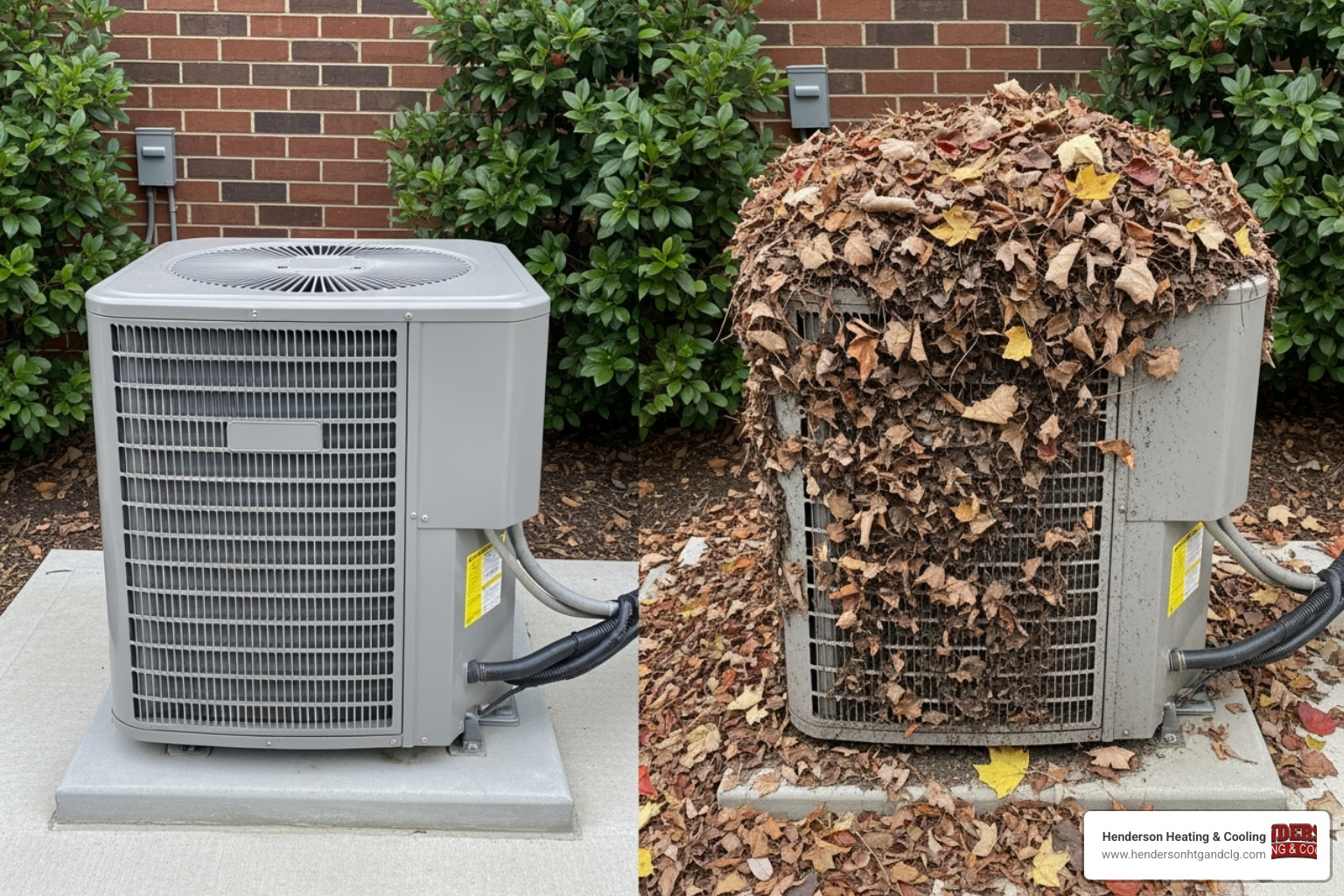 clean outdoor AC unit next to a dirty one covered in leaves - ac repair lebanon mo