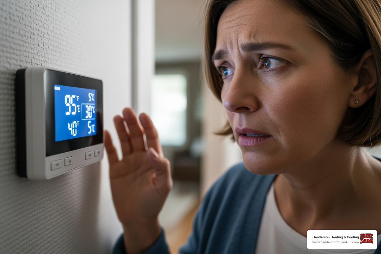 A homeowner looking concerned at their thermostat, which displays an incorrect temperature - heat pump repair lebanon mo