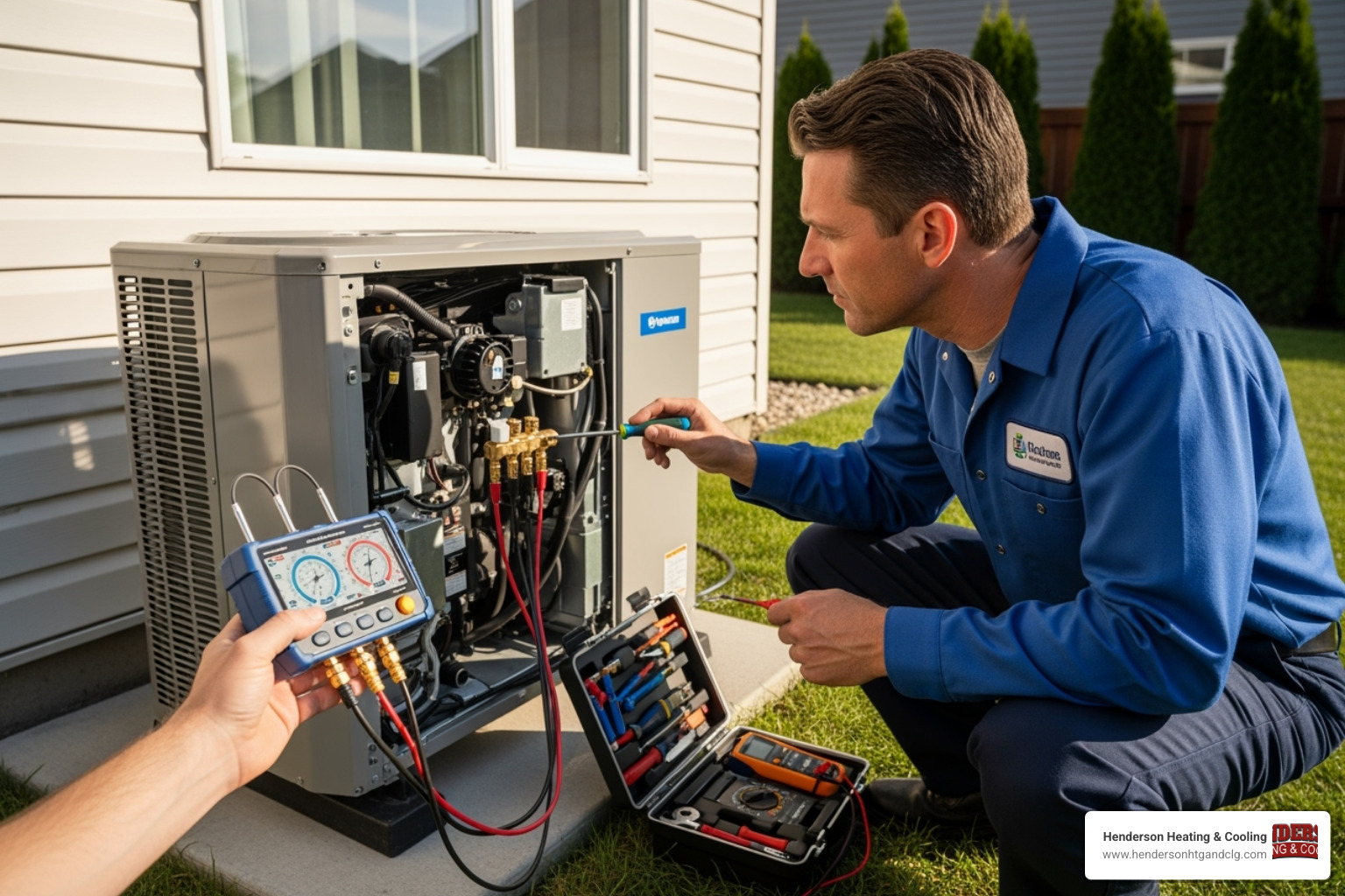 A professional technician diagnosing an issue with specialized tools on an outdoor HVAC unit - heat pump repair lebanon mo