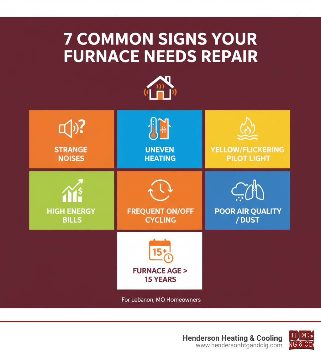 Infographic showing the 7 most common signs your furnace needs repair: strange noises from the unit, uneven heating throughout the house, yellow or flickering pilot light, unexplained increase in energy bills, frequent on-off cycling, poor air quality or dust, and furnace age over 15 years - furnace repair lebanon mo infographic 