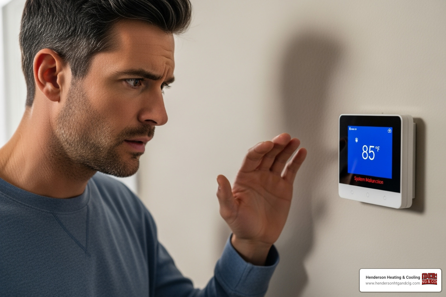 A person looking at their thermostat with a concerned expression, indicating a problem with their HVAC system. - hvac services near lebanon mo