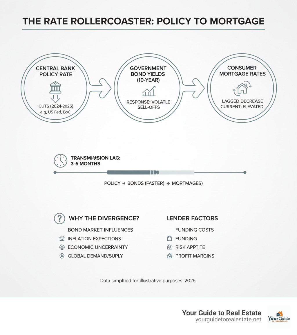 Detailed infographic showing the relationship between central bank policy rates, bond yields, and consumer mortgage rates, including timelines for rate transmission and factors that cause divergence between policy rates and mortgage rates - will interest rates go down infographic 